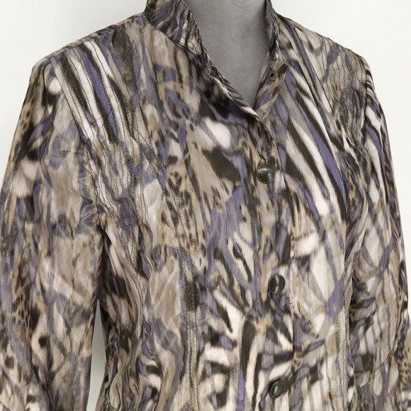 Chicos Jacket 1 Womens Medium 8 Blue Beige Nylon Blazer Ruffle Neck Career - Picture 6 of 15